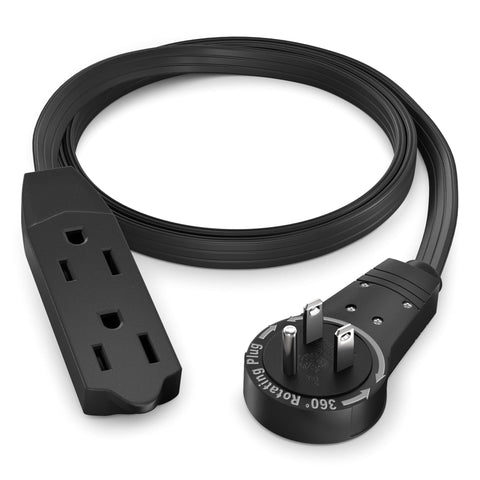 Maximm 360 rotating flat plug powering multiple devices behind furniture
