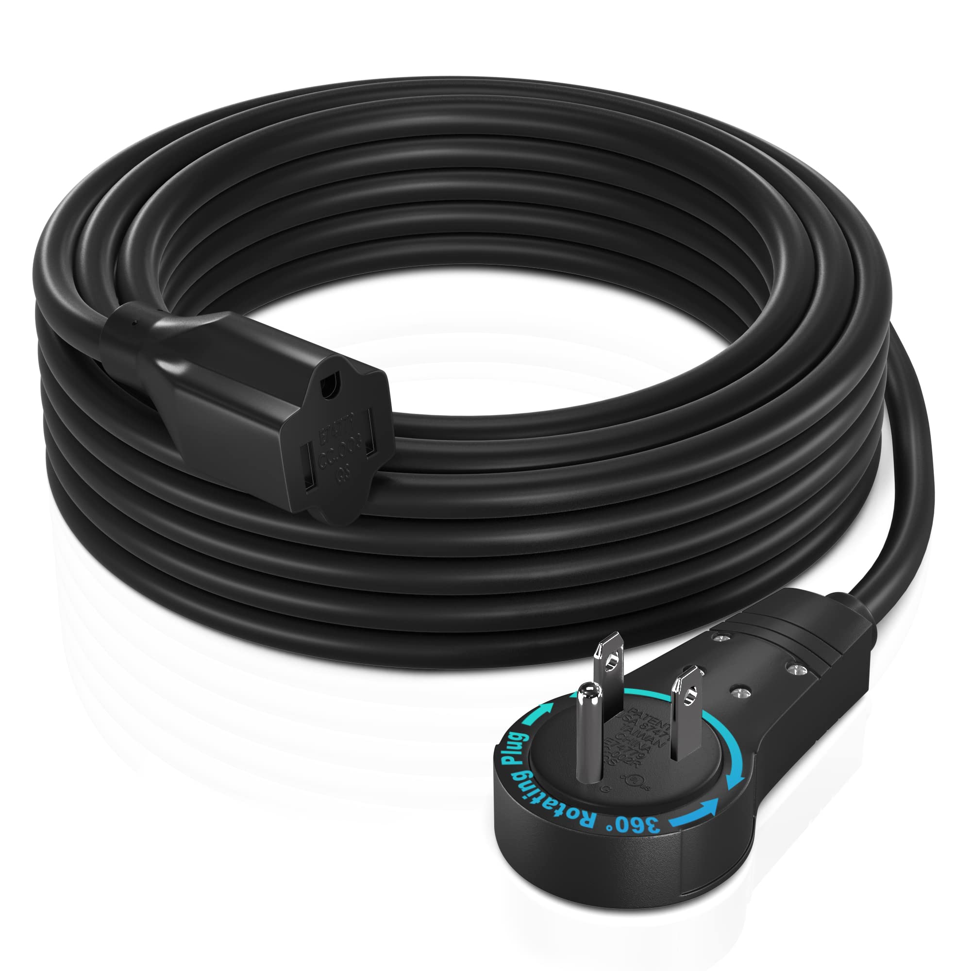 Maximm cable with 360° rotating flat plug for flexible outlet access in tight spaces.