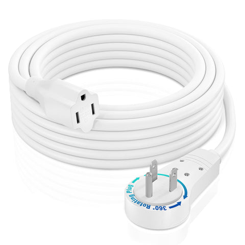 Maximm 15 ft extension cord with flat 360° rotating plug for flexible outlet access.