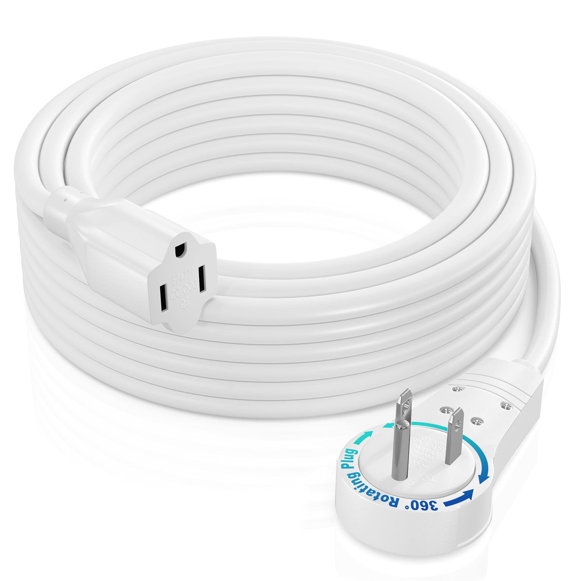 Maximm extension cord 25ft white with flat plug for wall clearance.
