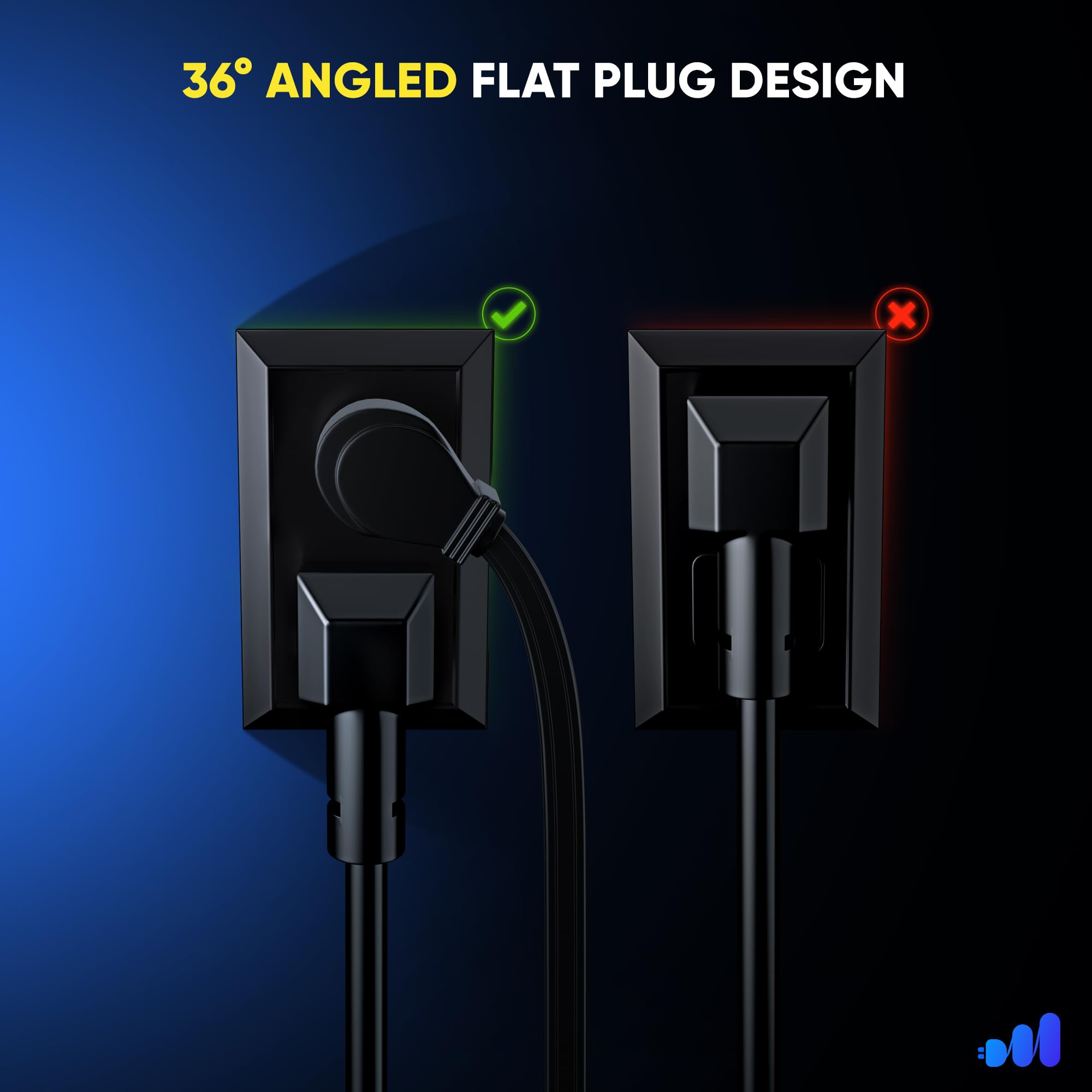 Maximm extension cord with 45-degree angled flat plug for tight spaces