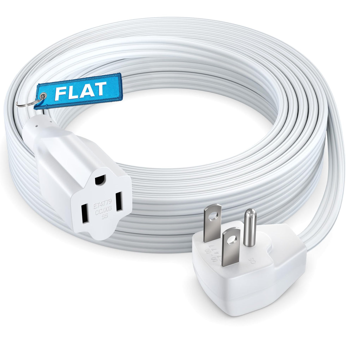 Maximm extension cord with flat plug for space-saving behind furniture.