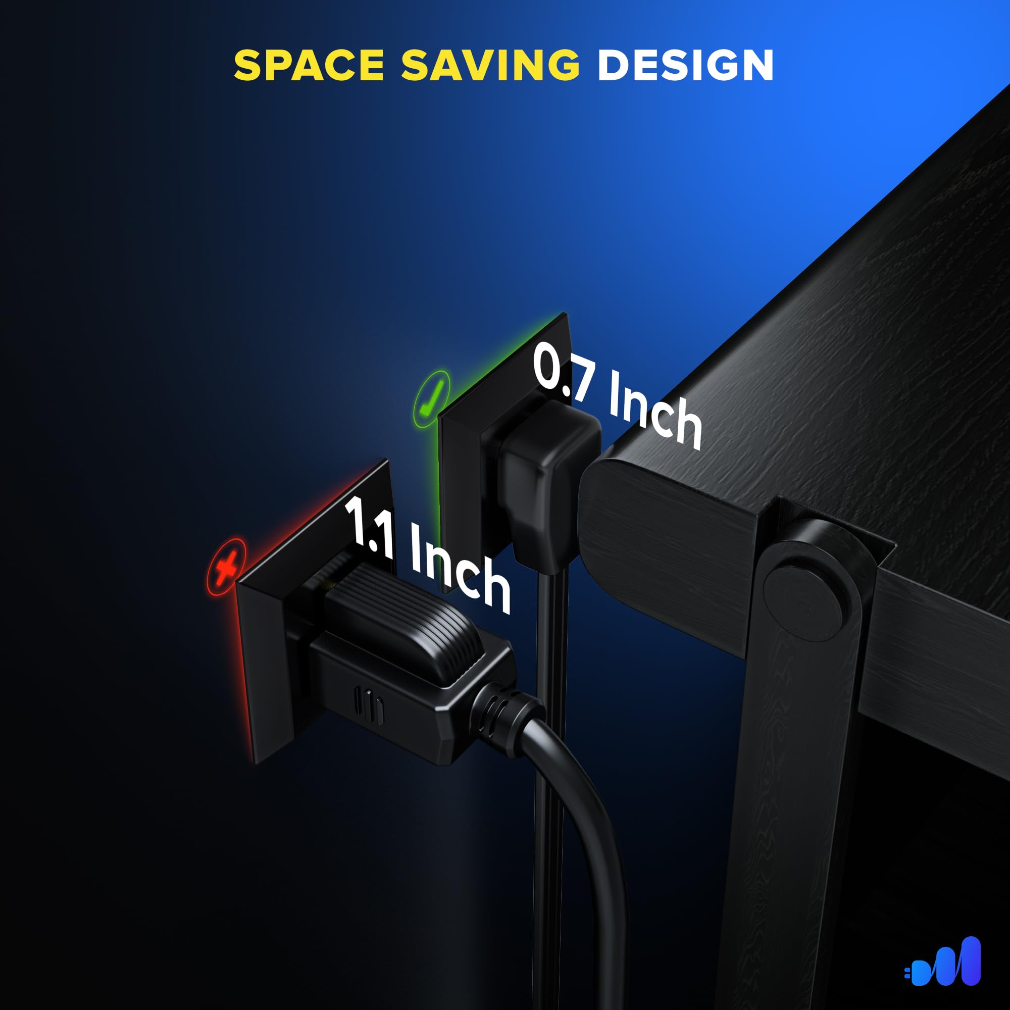 Maximm extension cord with flat plug design saving space behind furniture.