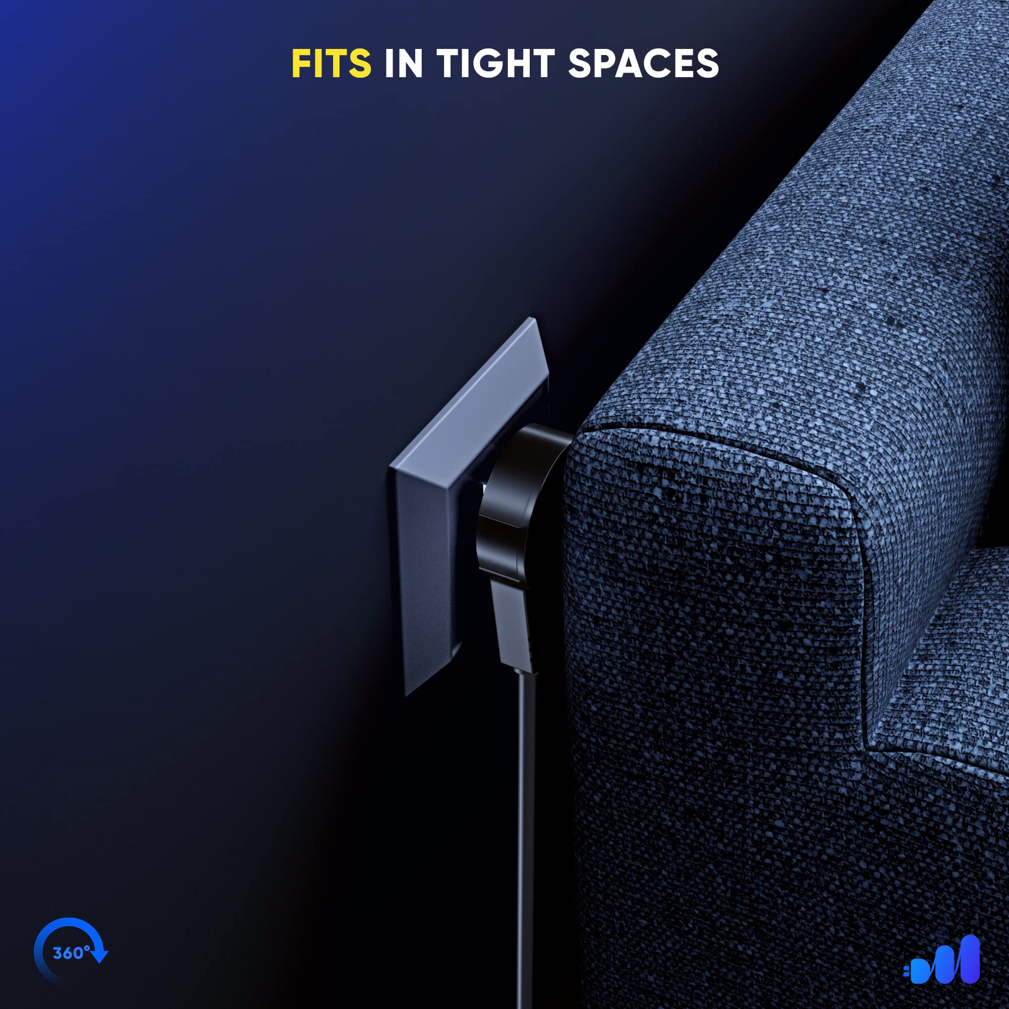 Maximm rotating plug in action behind furniture for easy outlet access.