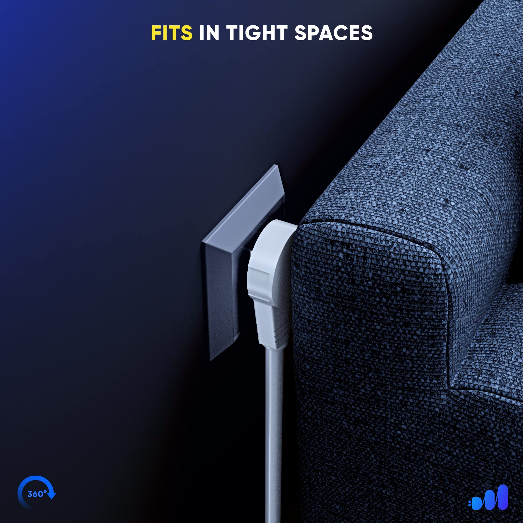 Maximm slim flat plug behind a bookshelf demonstrates compact setup.