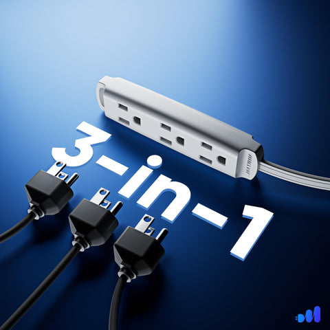 Maximm space-saving flat plug design fits behind furniture and desks.