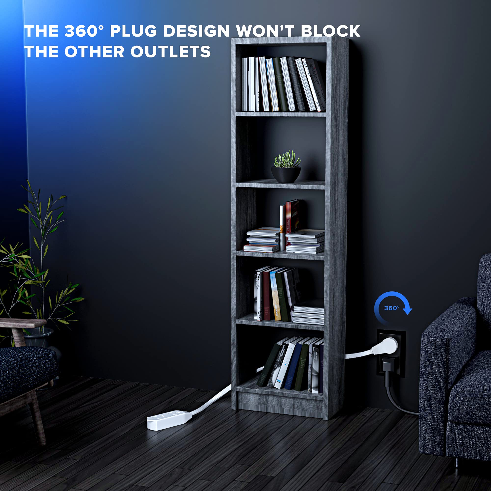 Maximm three-outlet extension keeps chargers, lamps, and devices organized.