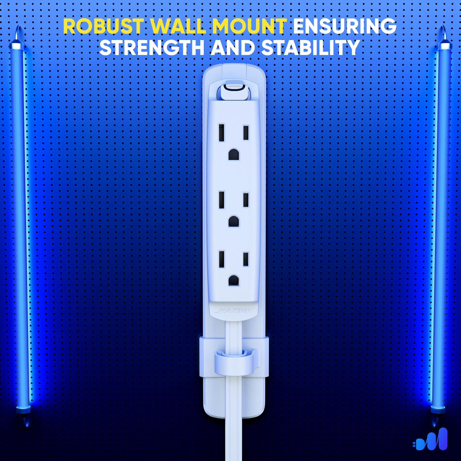 Maximm three-outlet receptacle powers multiple devices at once.
