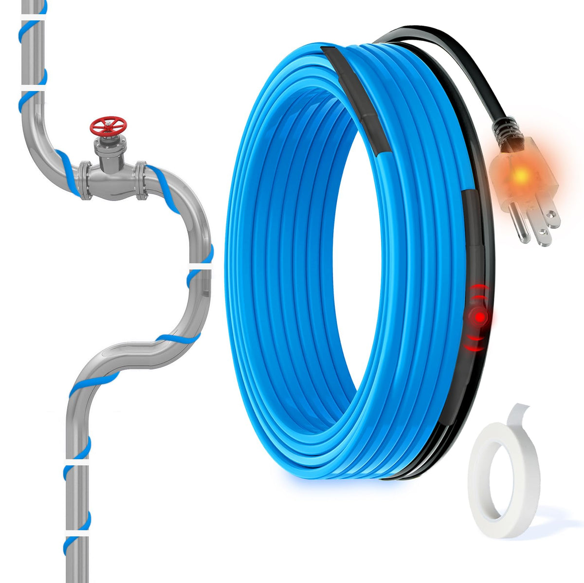 MAXKOSKO 3ft heating cable with power cord protects pipes in freezing conditions.