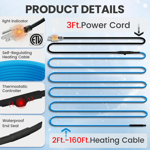 MAXKOSKO 3ft power cord included with heating cable package.