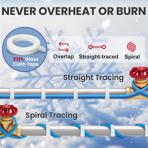 MAXKOSKO pipe-freeze-protection setup shows 3 ft cord and long cable length