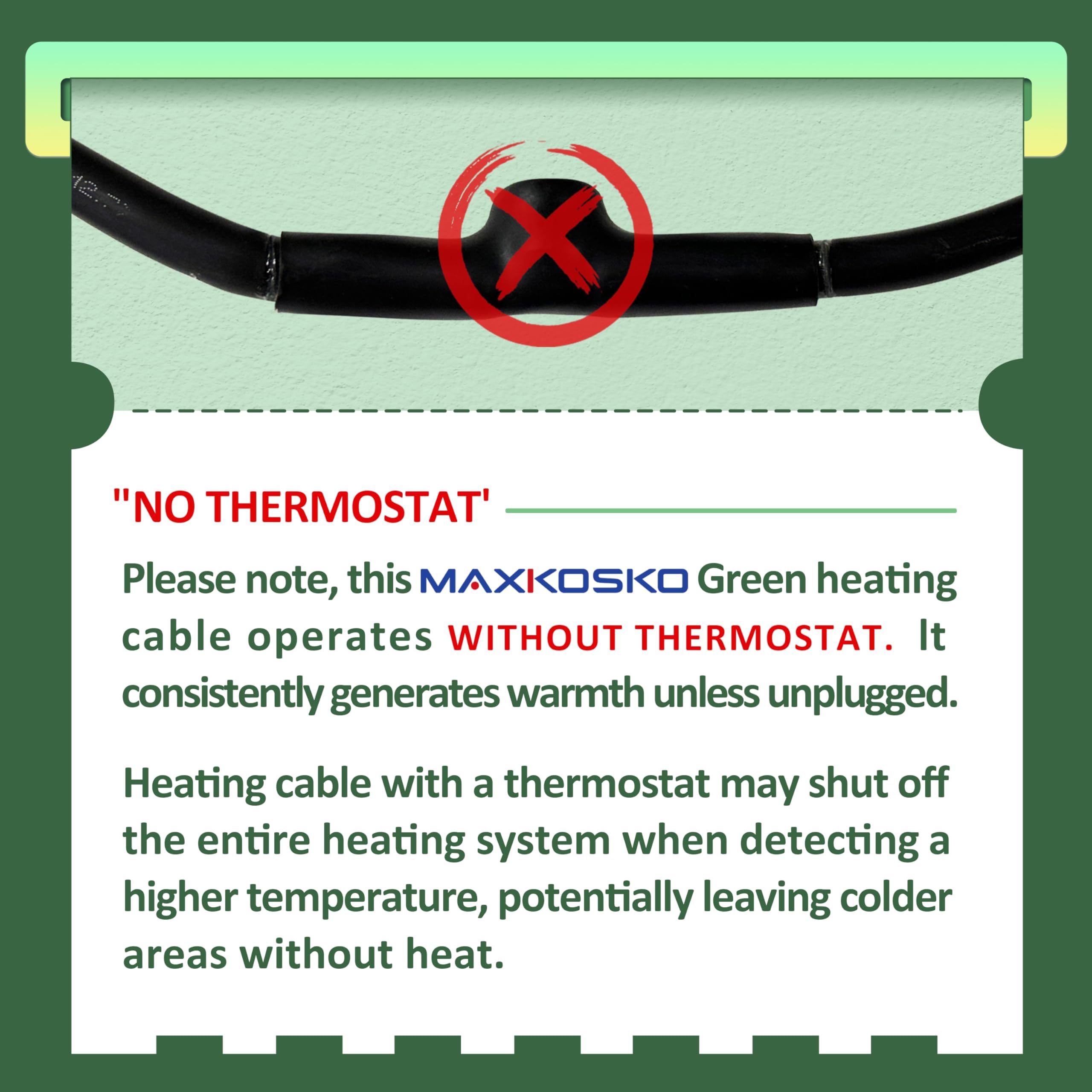 MAXKOSKO self-regulating heat tape diagram showing automatic temperature adjustment
