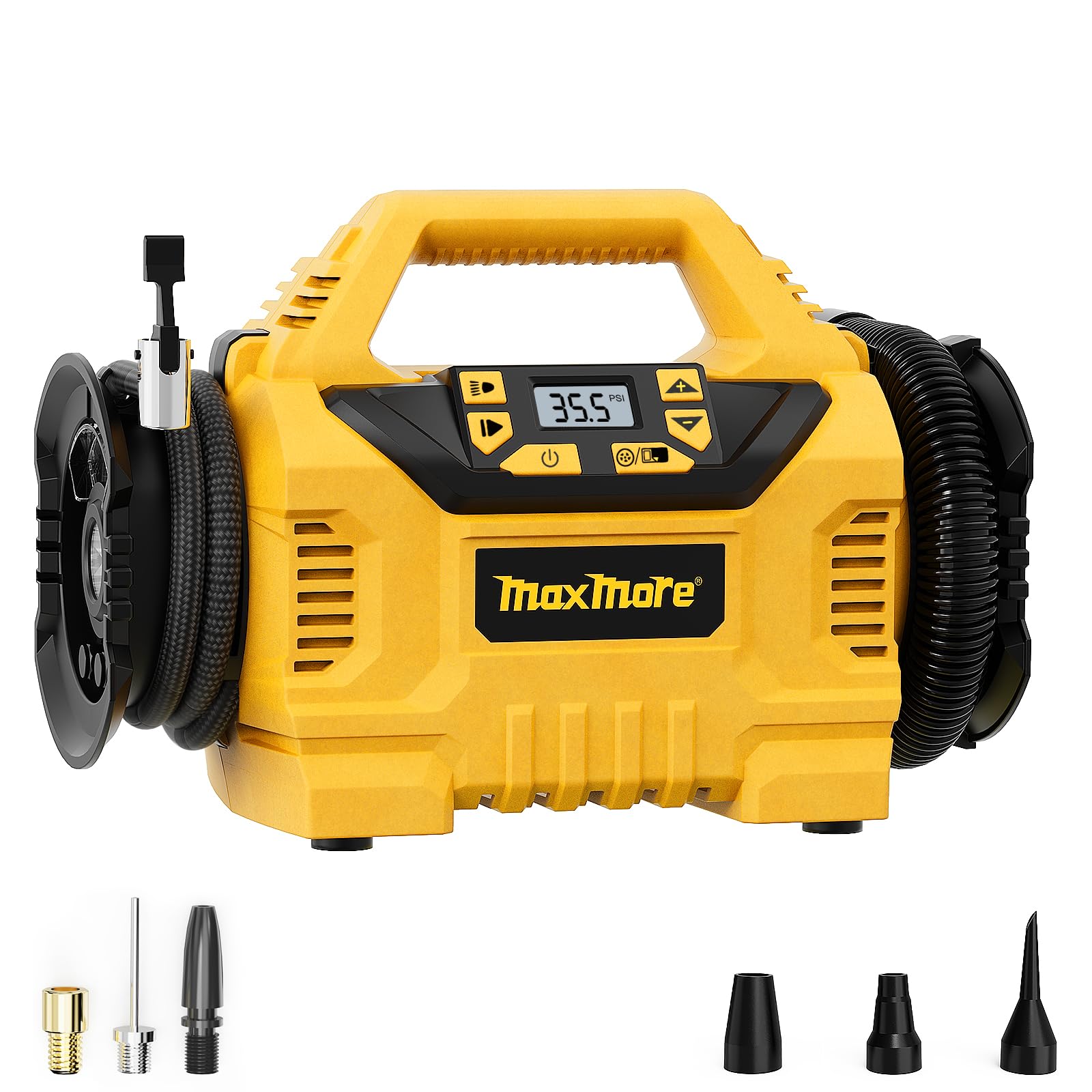 MaxMore tire inflator with digital gauge for precise on the go inflation