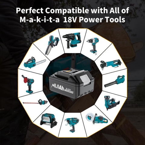 Maxofpowr 18V 8.0Ah battery for Makita BL1840 with consistent runtime.