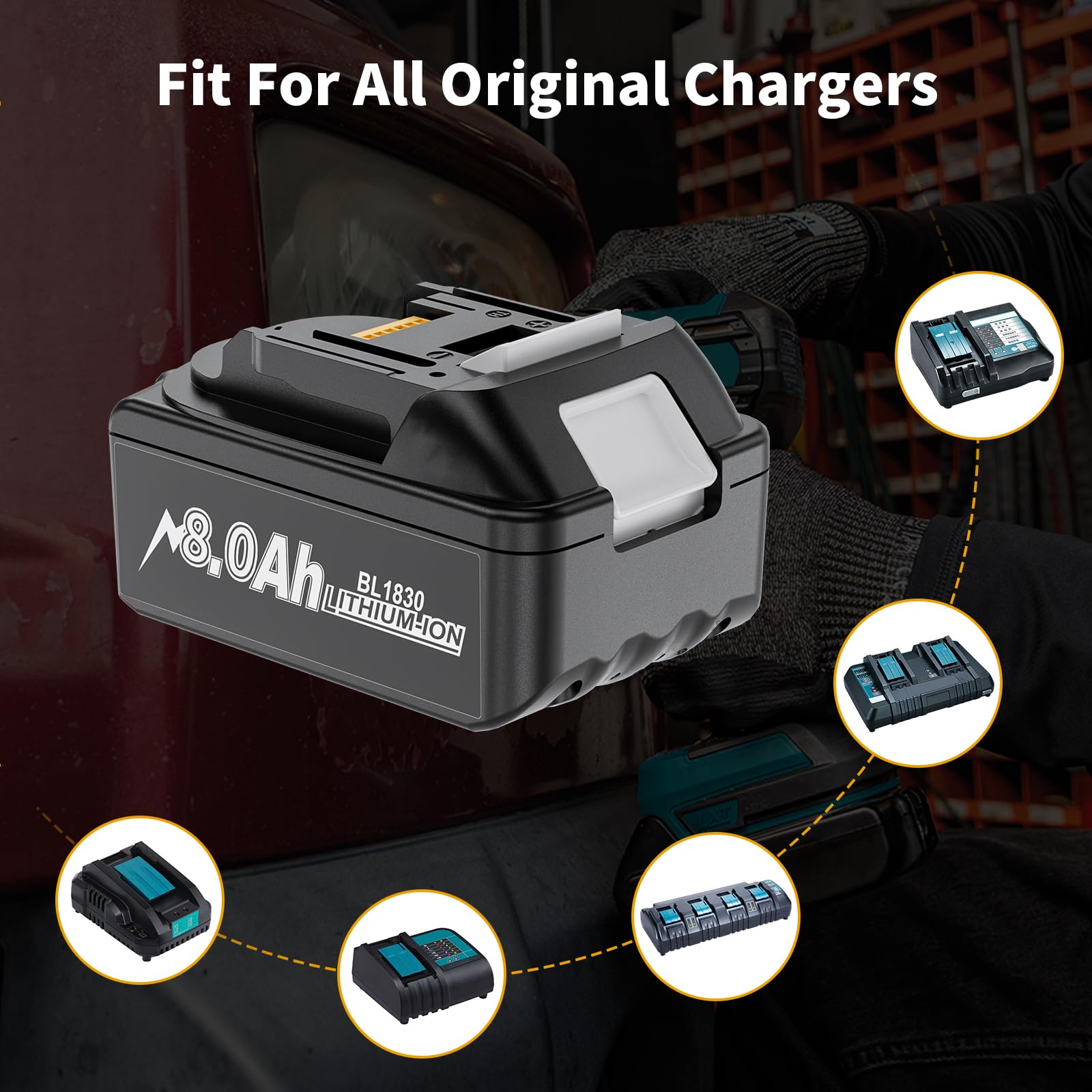 Maxofpowr 18V 8.0Ah battery with four LED indicators for easy charge.
