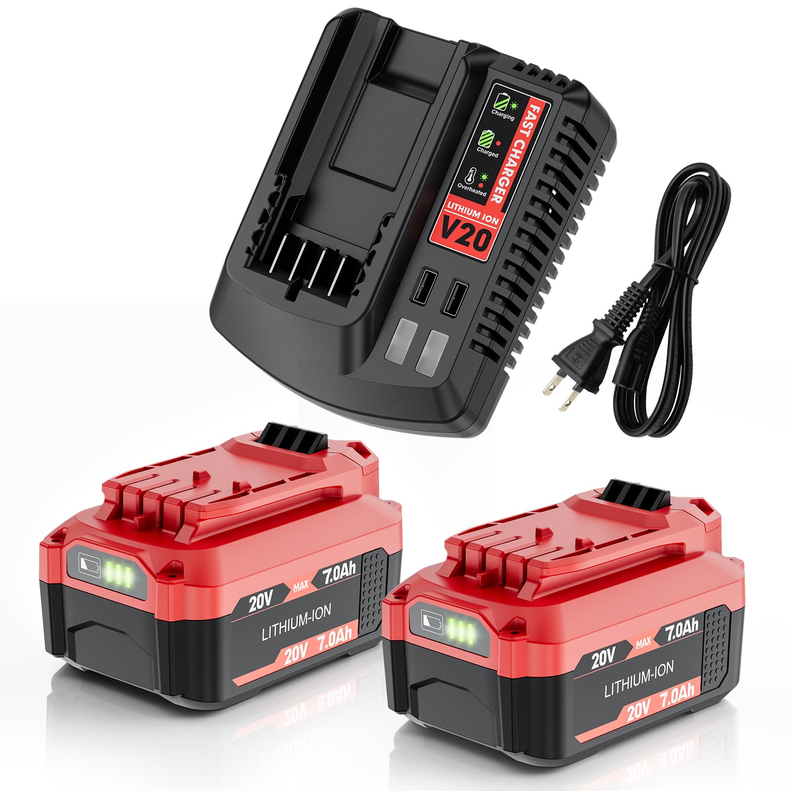 Maxofpowr 20V 7.0Ah battery front view for extended run time.