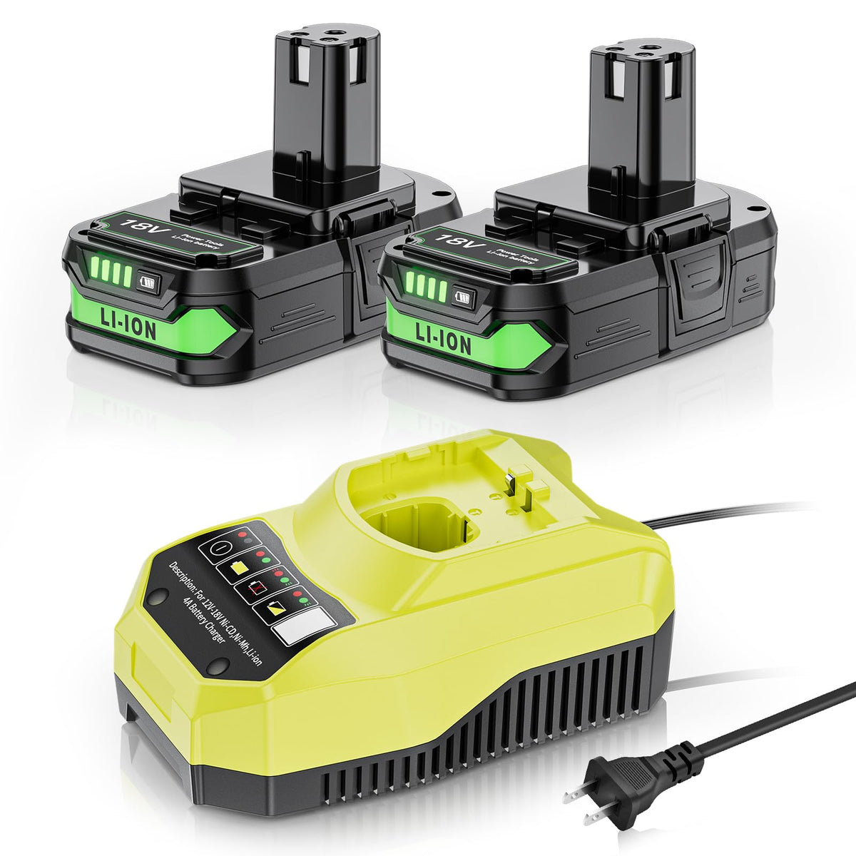 Maxofpowr Ryobi 18V 4Ah battery front view showing compact design for extended runtime.