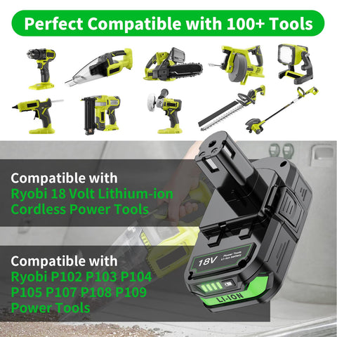 Maxofpowr Ryobi 18V 4Ah battery LED indicator highlights remaining charge.