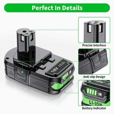 Maxofpowr Ryobi 18V battery compatibility with P102 to P109 tools.