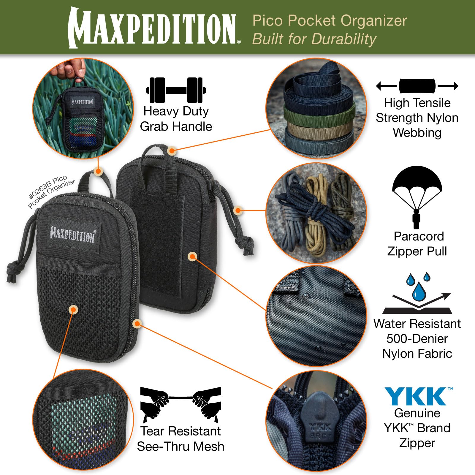 Maxpedition Pico Pocket Organizer zipper closeup showcases durable YKK zippers you can trust.