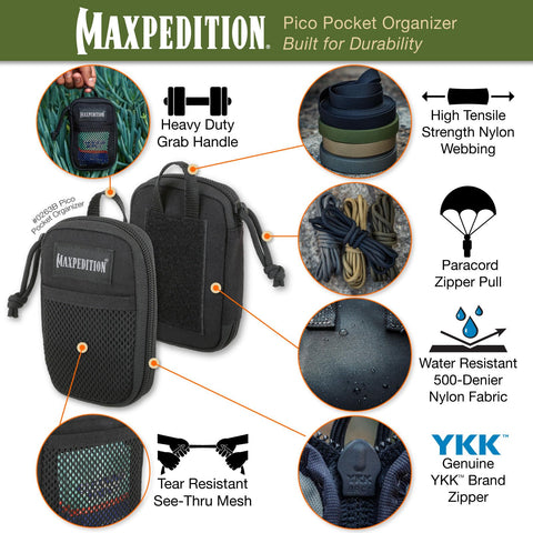 Maxpedition Pico Pocket Organizer zipper closeup showcases durable YKK zippers you can trust.