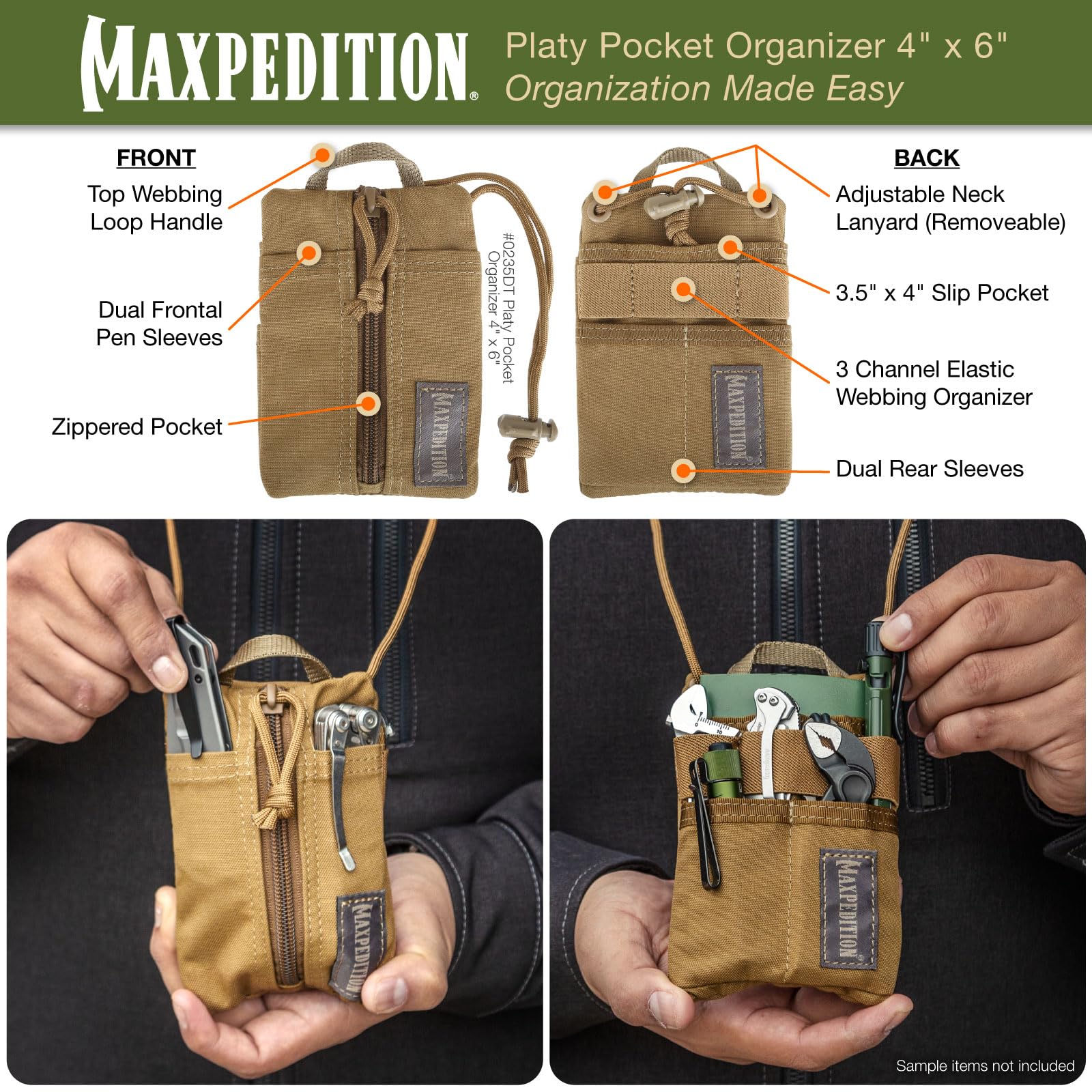 Multiple compartments keep flashlight, multitool, pen, and notebook organized.