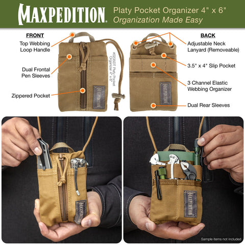 Multiple compartments keep flashlight, multitool, pen, and notebook organized.