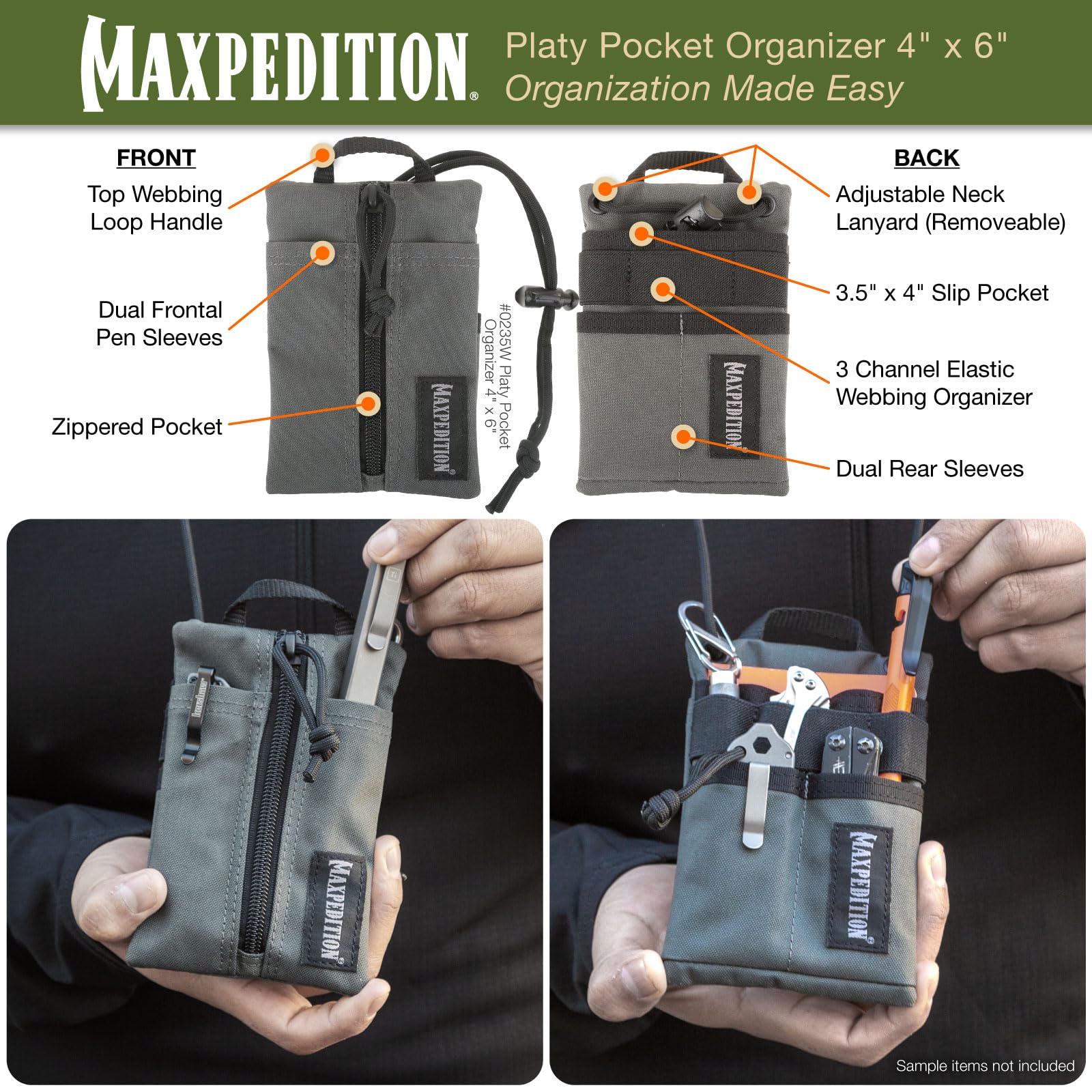 Maxpedition Platy Pocket Organizer top webbing loop facilitates quick grabbing or hanging.