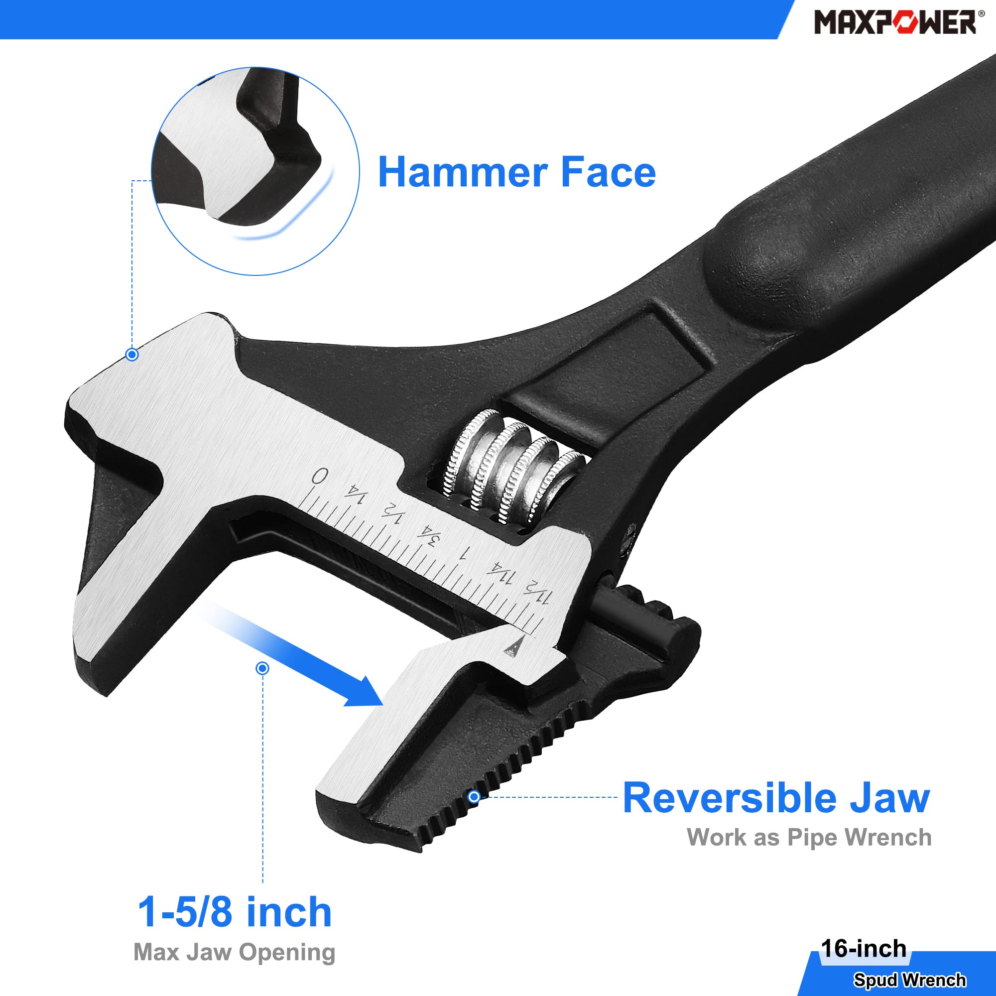 MAXPOWER 12-inch spud wrench with 1-3/8 inch jaw, durable CR-V steel.