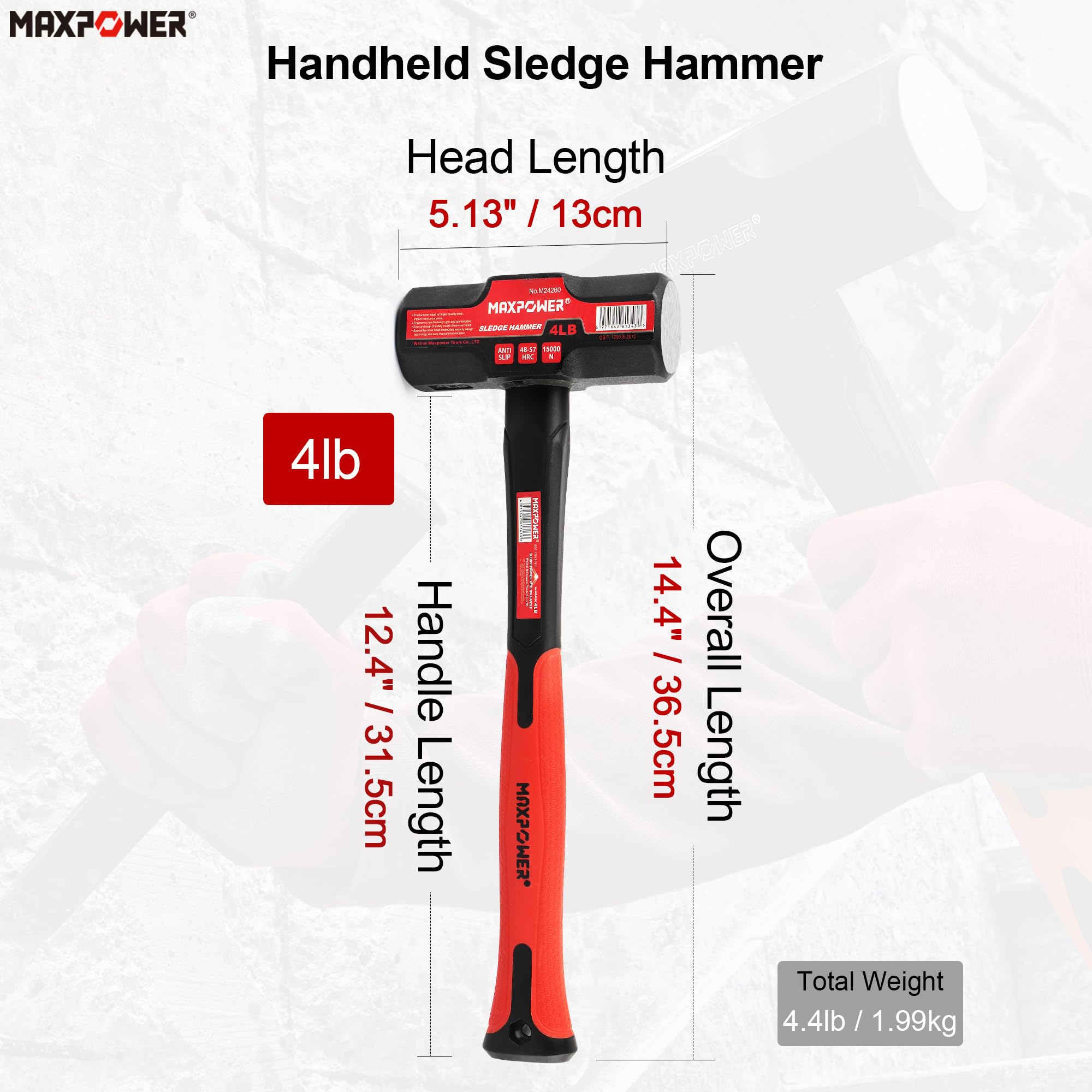 MAXPOWER 12-inch fiberglass handle offers balanced, controlled strikes.
