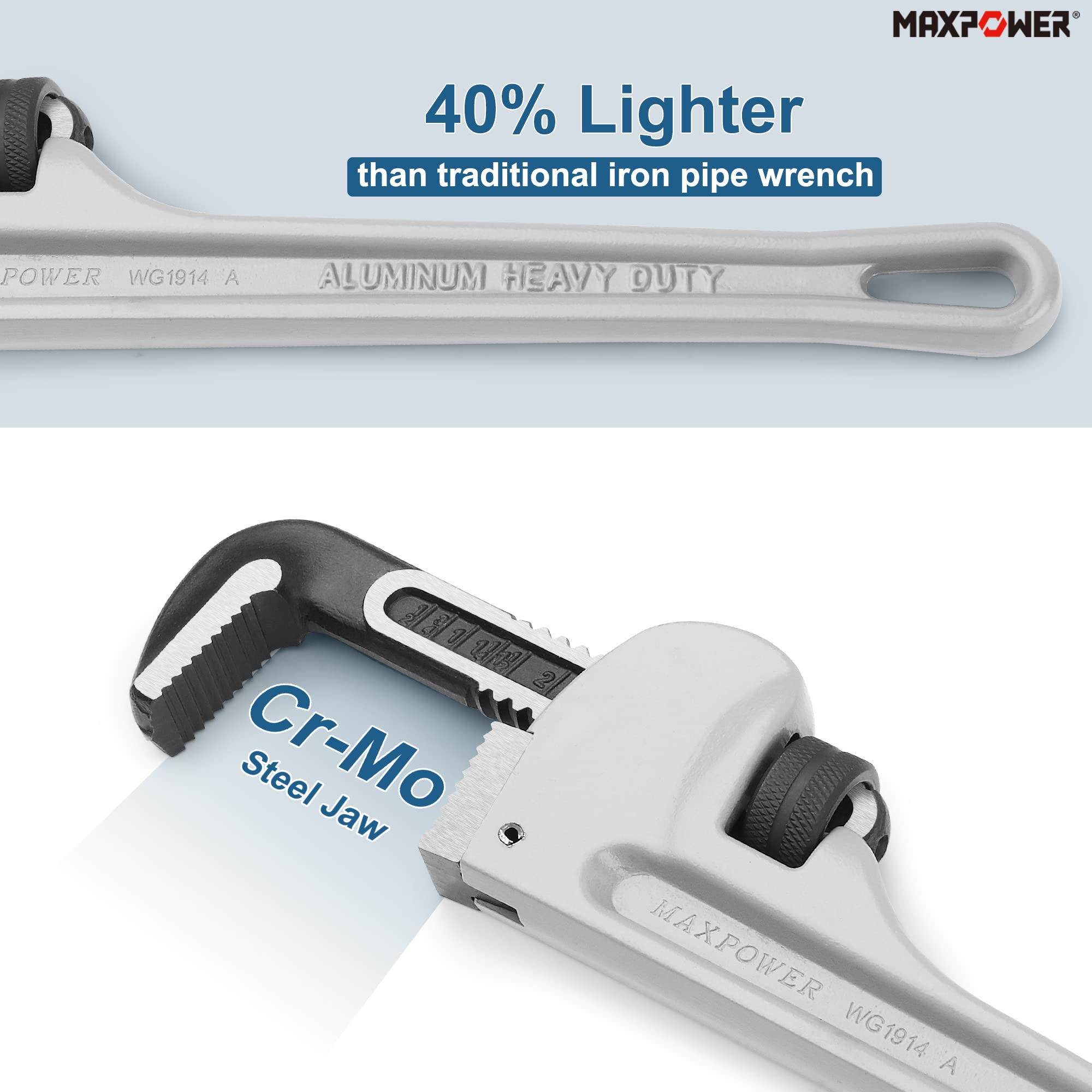 MAXPOWER 14-inch aluminum pipe wrench jaw with secure serrated grip.