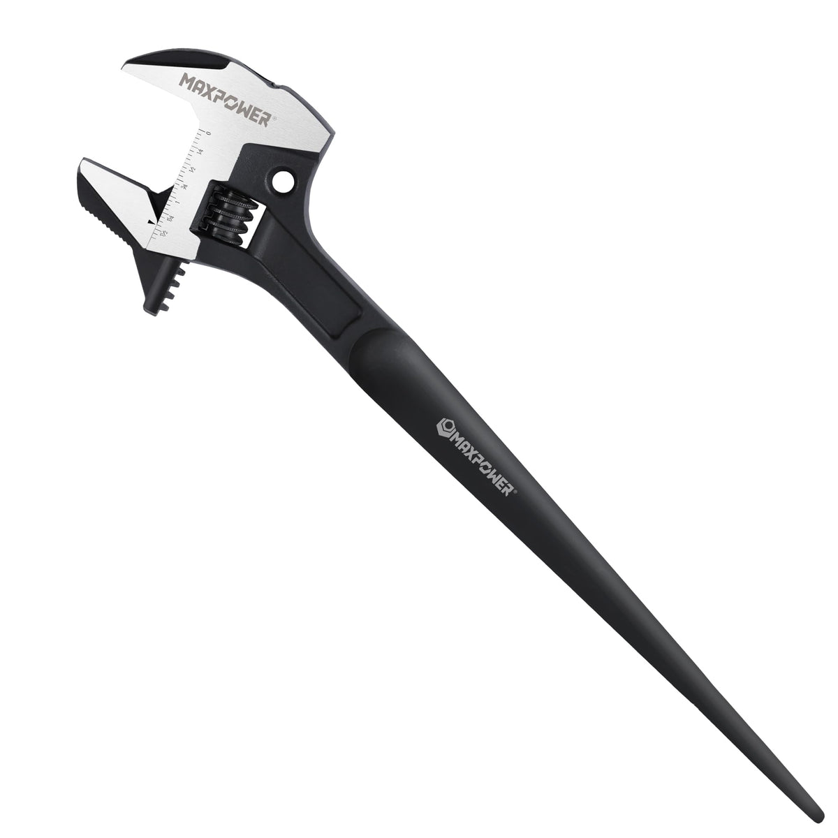 MAXPOWER 16-inch adjustable spud wrench front view with scale for quick on-site adjustments