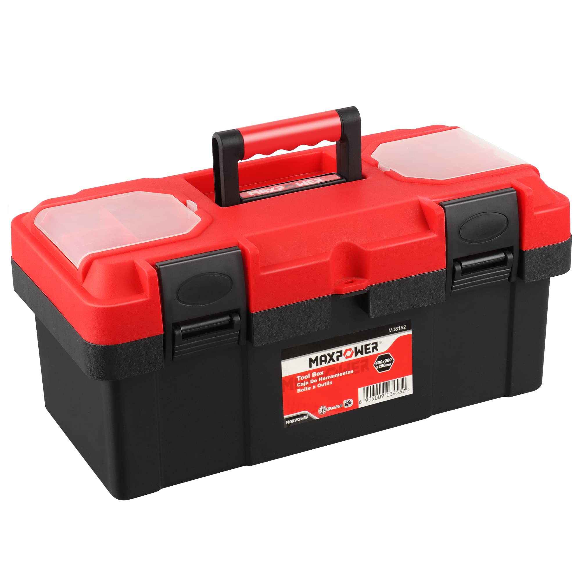 MAXPOWER 16-Inch tool box front view with removable tray for organized storage.