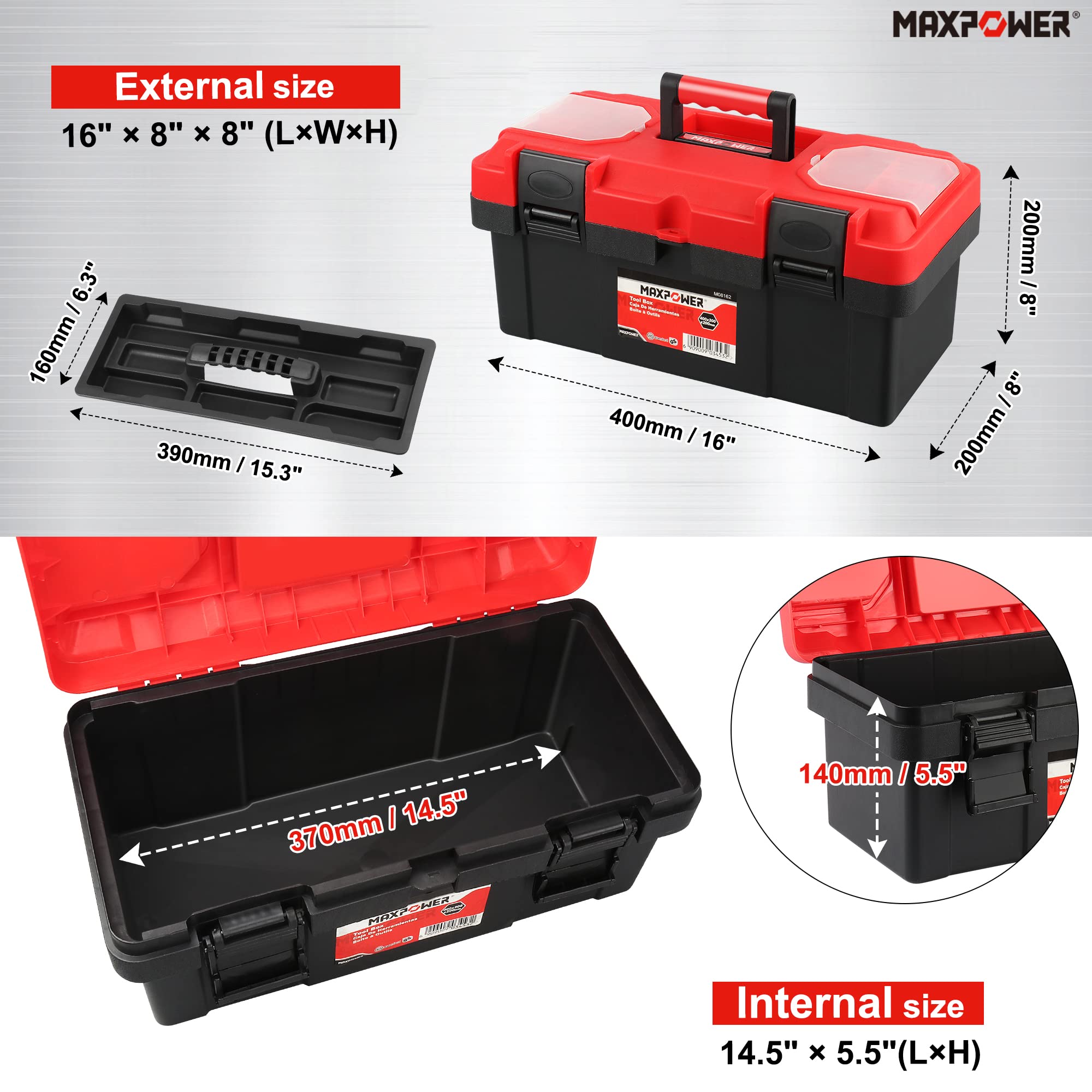 MAXPOWER 16-Inch tool box interior shows removable tray for quick access.