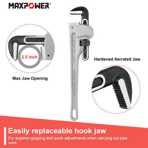 MAXPOWER 18-inch wrench adjustment nut enables smooth, precise sizing during installation.