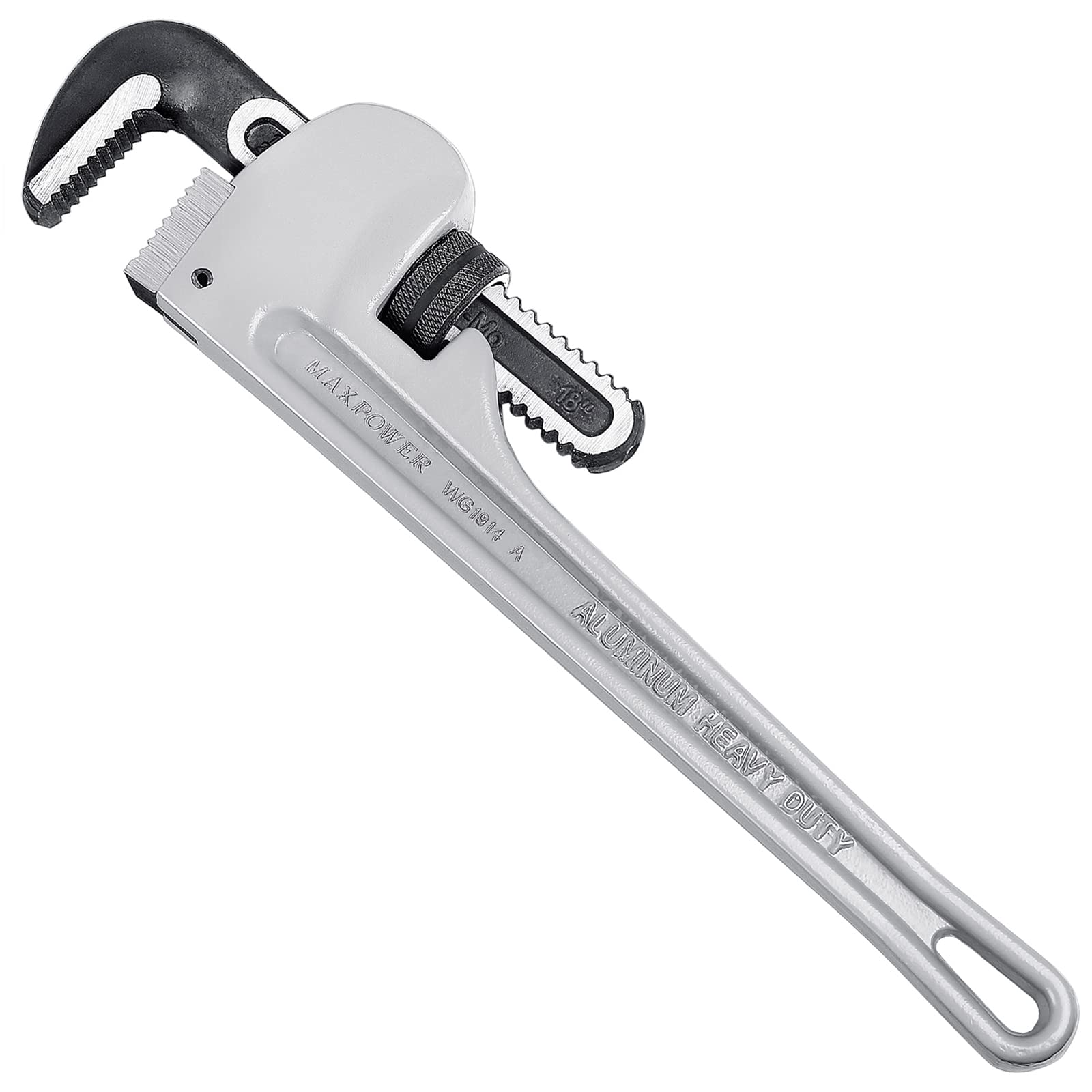 MAXPOWER 18-inch aluminum pipe wrench body, light and durable for extended plumbing sessions.