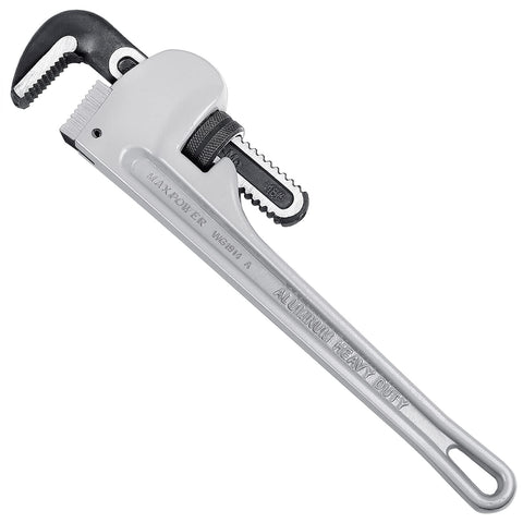 MAXPOWER 18-inch aluminum pipe wrench body, light and durable for extended plumbing sessions.