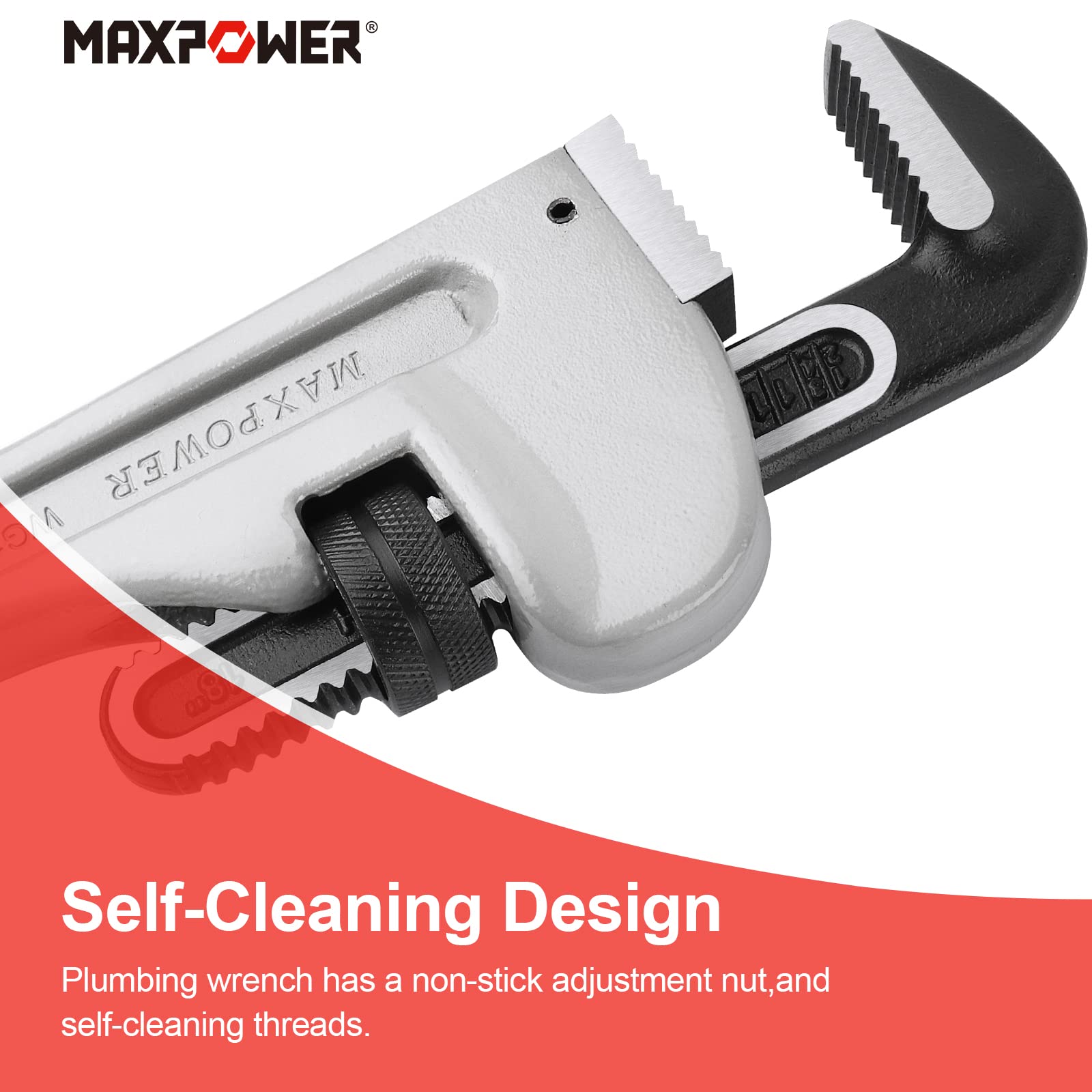 MAXPOWER 18-inch jaw opening up to 2.5 inches for larger pipes.