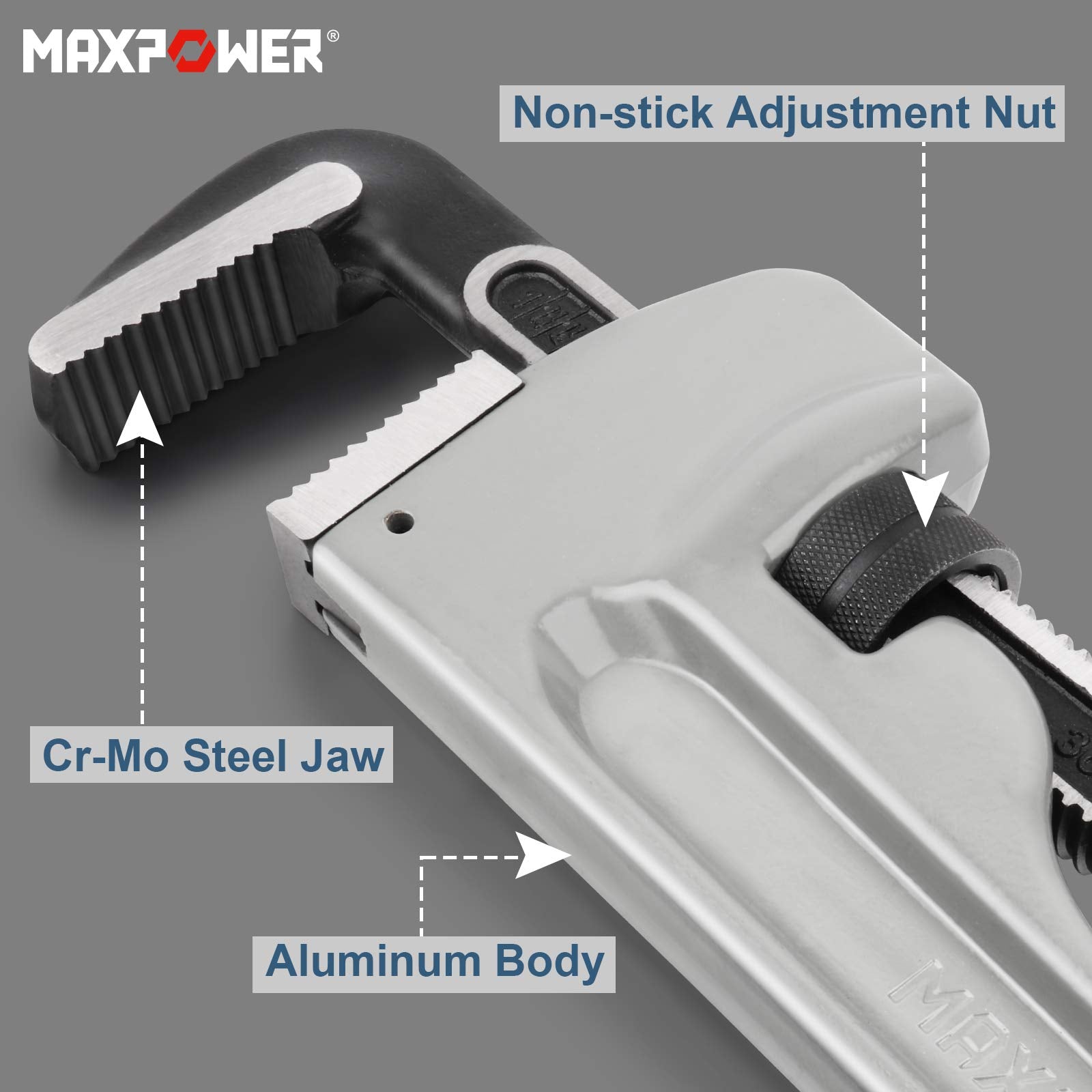 Close-up of non-stick adjustment nut on MAXPOWER wrench for smooth tension