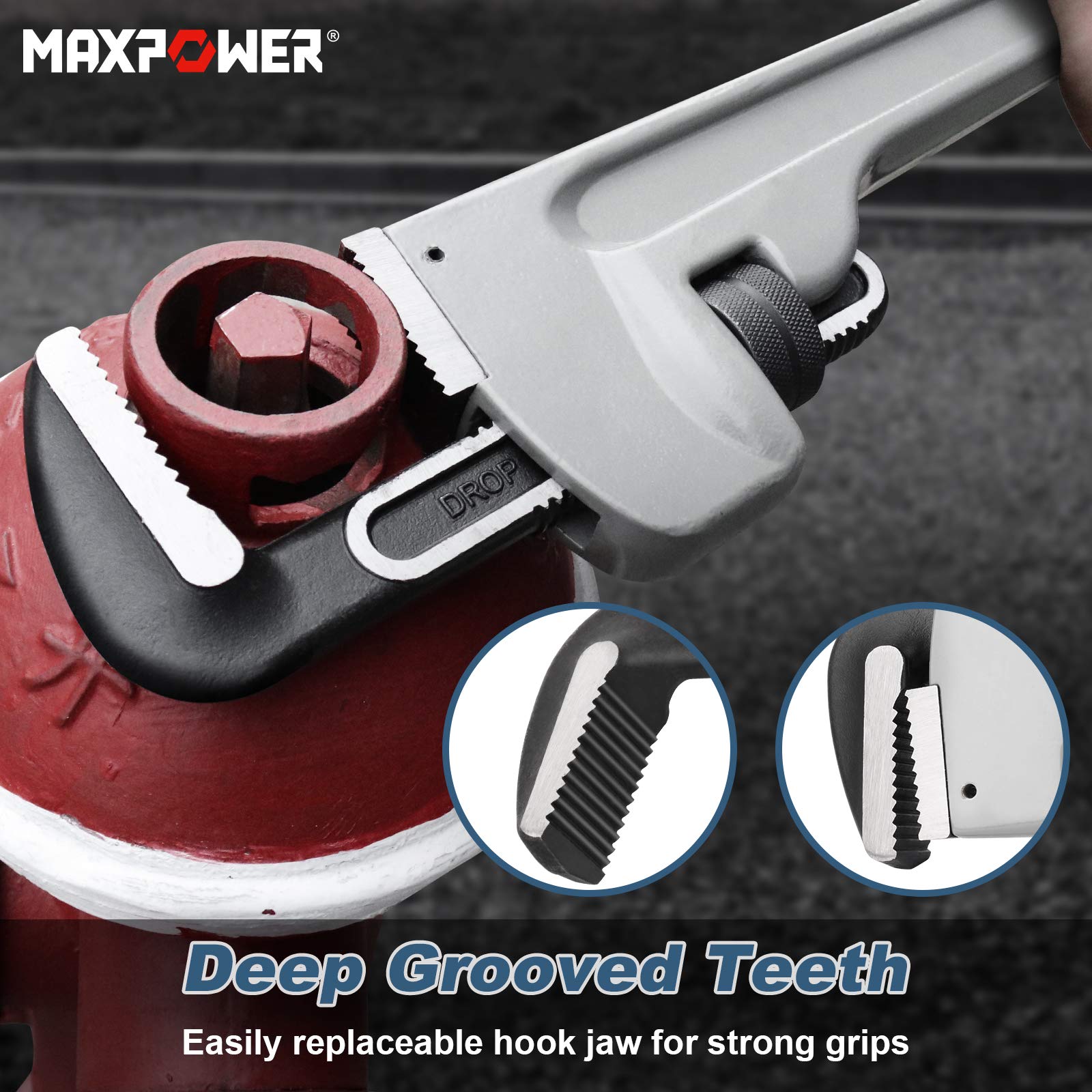 MAXPOWER with heel jaw and hook jaw providing secure grip on pipe