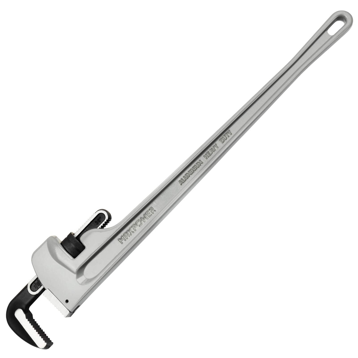 MAXPOWER 36-inch aluminum pipe wrench side view shows lightweight design for easier handling