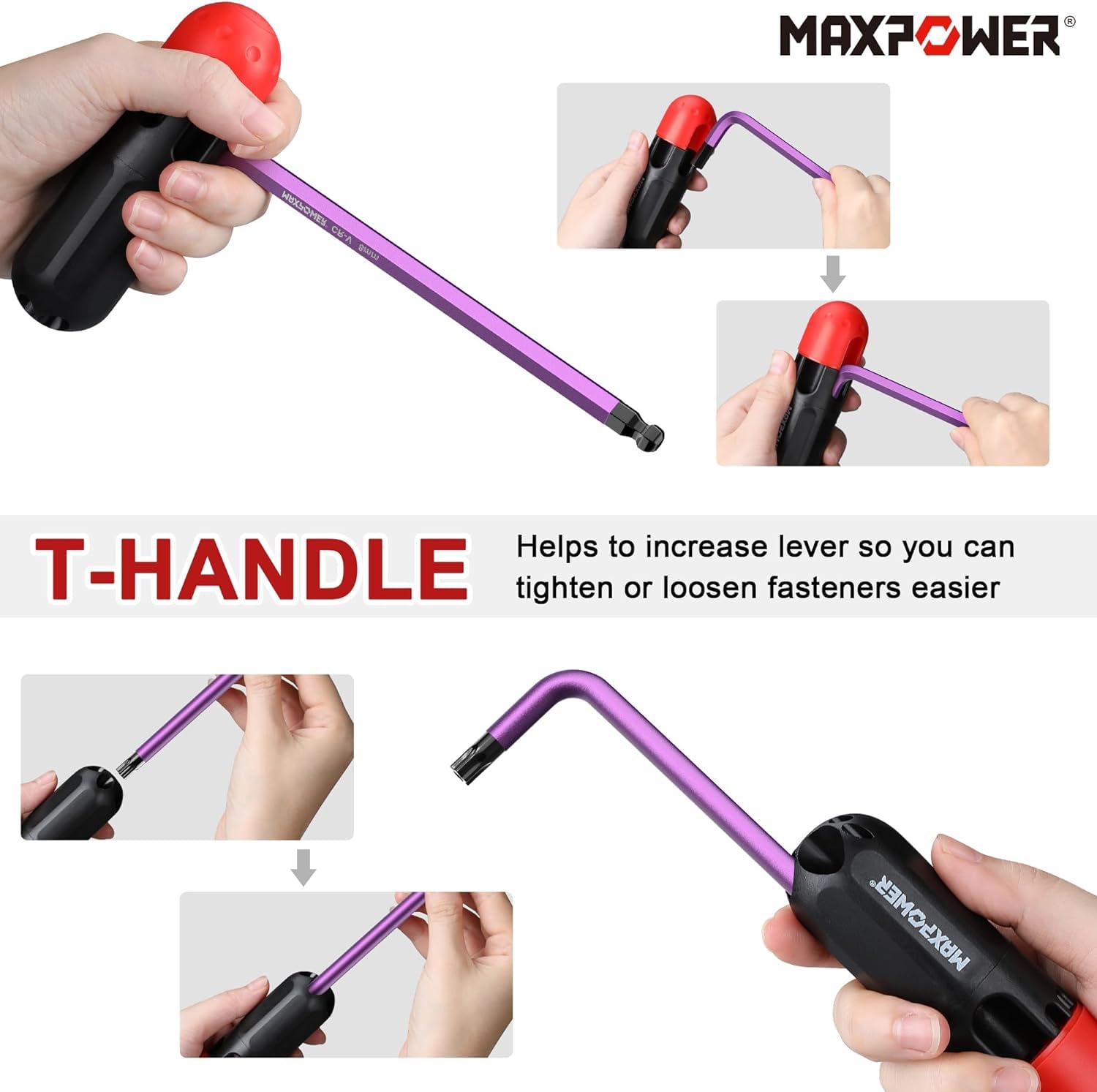 MAXPOWER ball-end hex keys reach angled bolts up to 25 degrees.