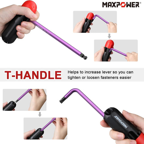 MAXPOWER ball-end hex keys reach angled bolts up to 25 degrees.