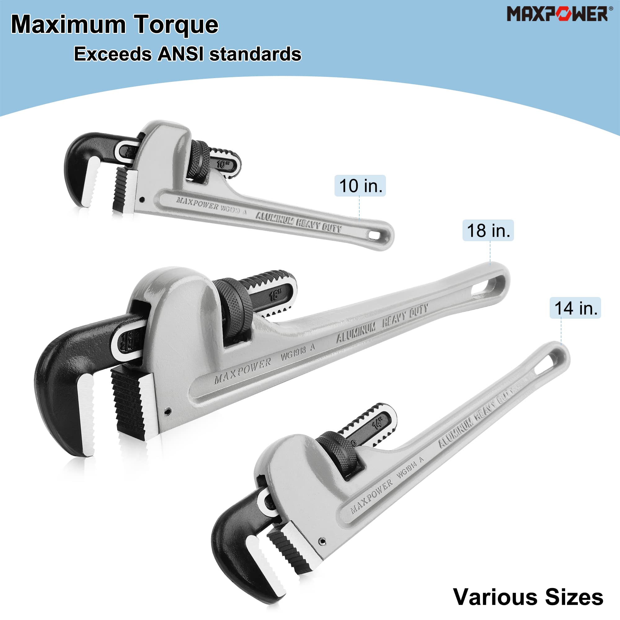 MAXPOWER clamping capacity up to 2 inches for common fittings.