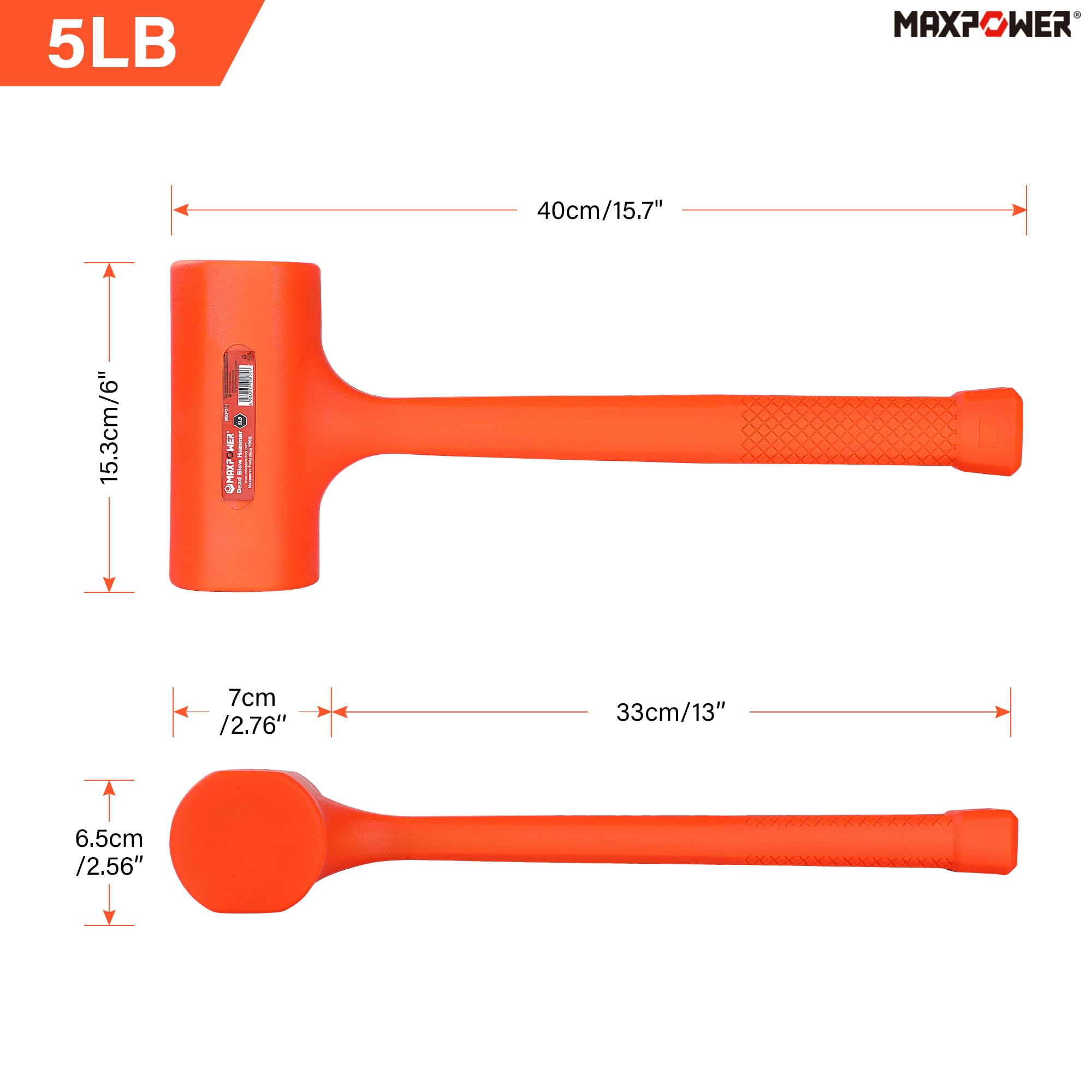 MAXPOWER dead blow hammer with checkered grip improves control and reduces slip during use
