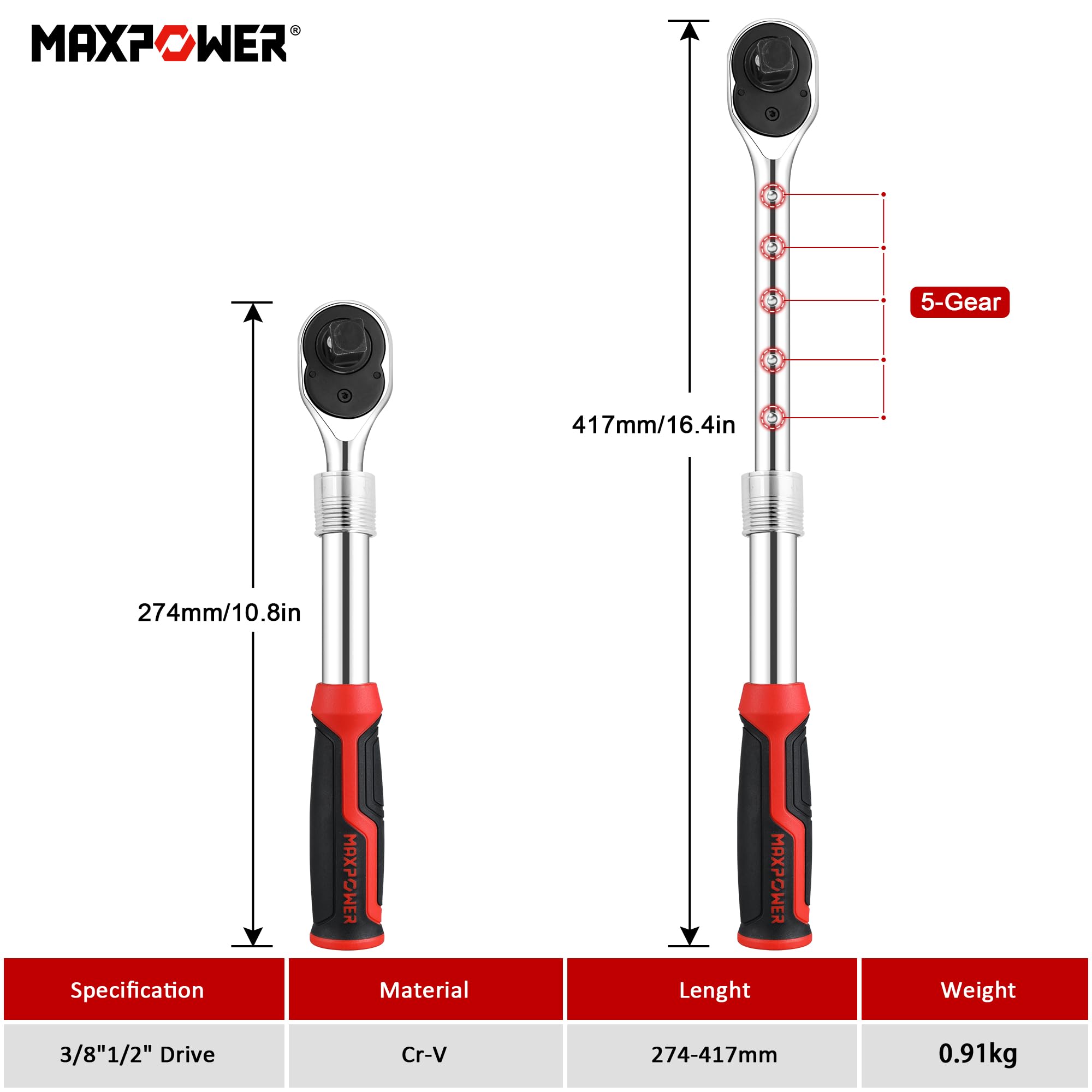 MAXPOWER dual-drive ratchet supports 1/2 in and 3/8 in sockets for flexible use
