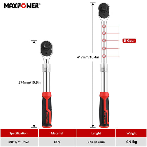 MAXPOWER dual-drive ratchet supports 1/2 in and 3/8 in sockets for flexible use