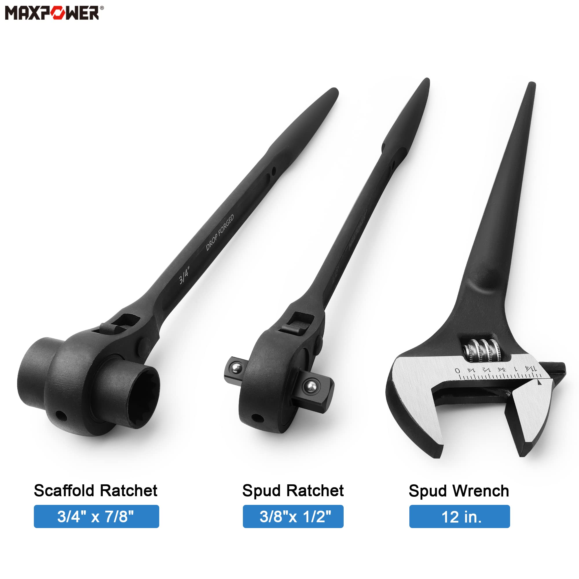 MAXPOWER dual-socket scaffold wrench ready to loosen heavy fasteners