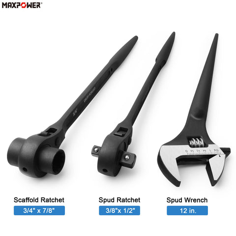 MAXPOWER dual-socket scaffold wrench ready to loosen heavy fasteners