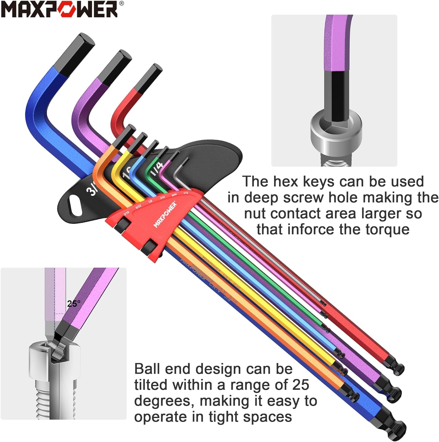 MAXPOWER extra long arm handle provides comfortable leverage during tightening.